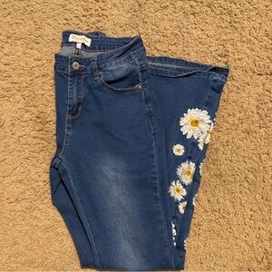 BAMBOO Dark Blue Jeans with White Floral Embroidery